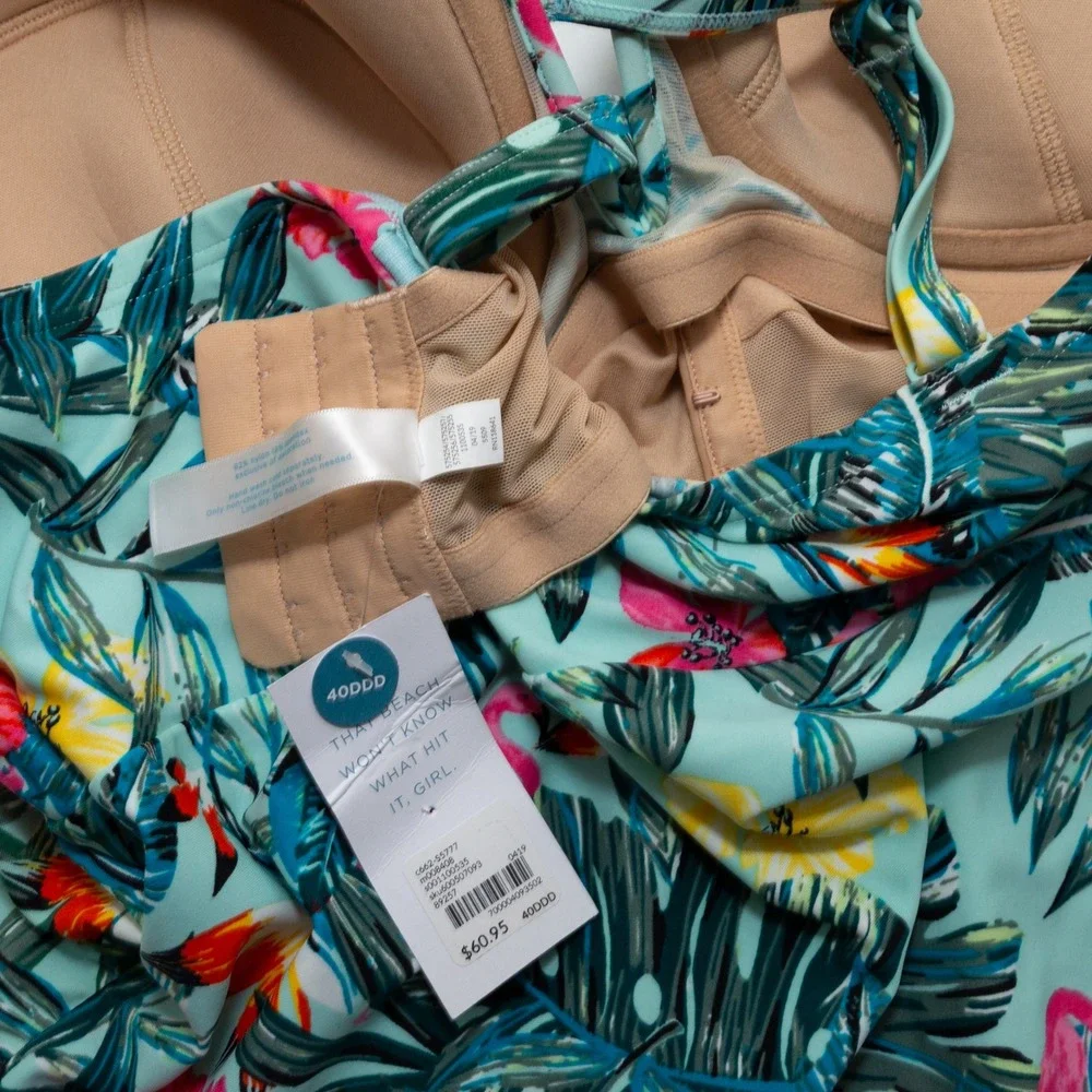 Swim by Cacique Tankini Women 40DDD Mint Tropical Flamingo NEW Underwire Ruched